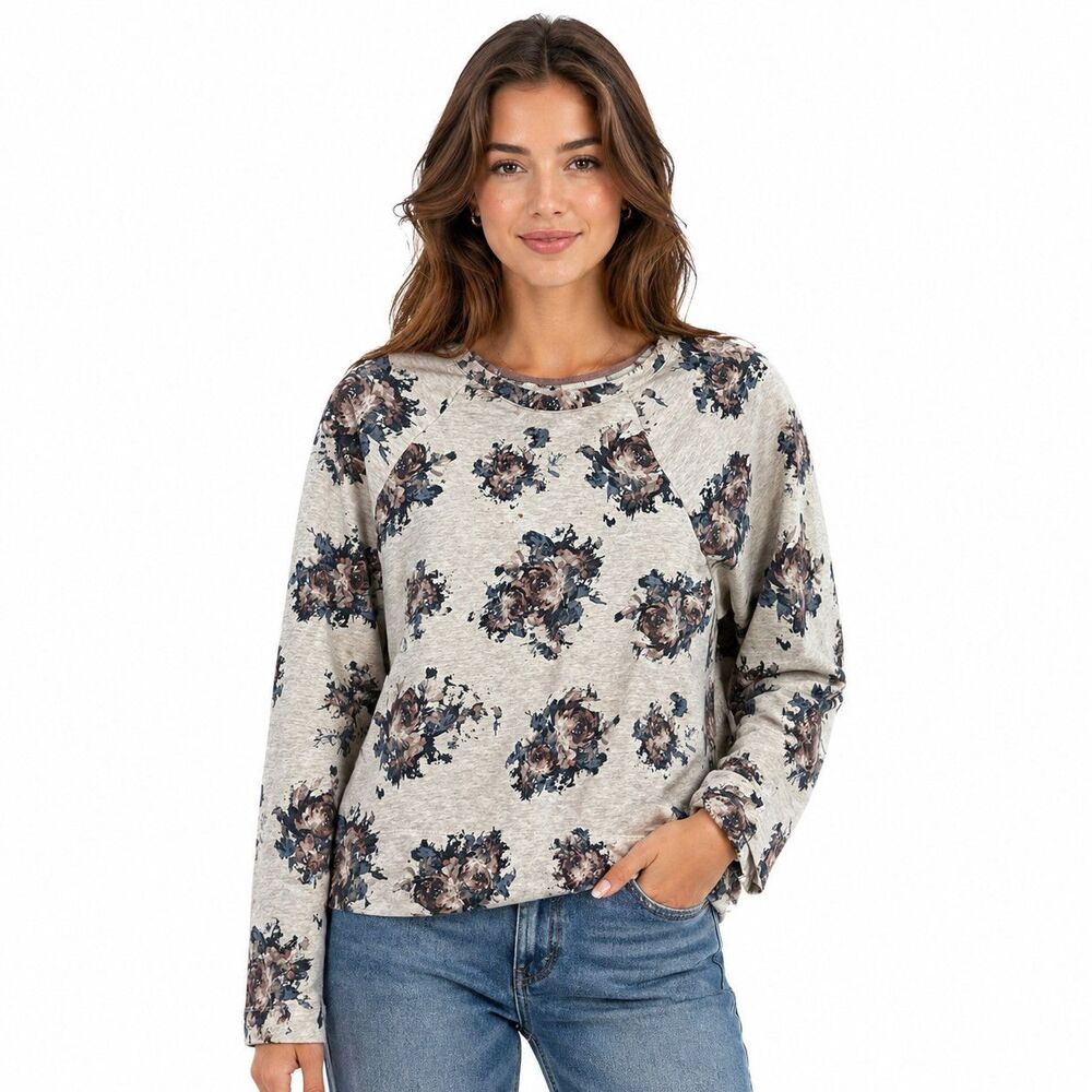 J Jill Shirt Womens Medium Beige Floral Crew Neck Long Sleeve Knit Top